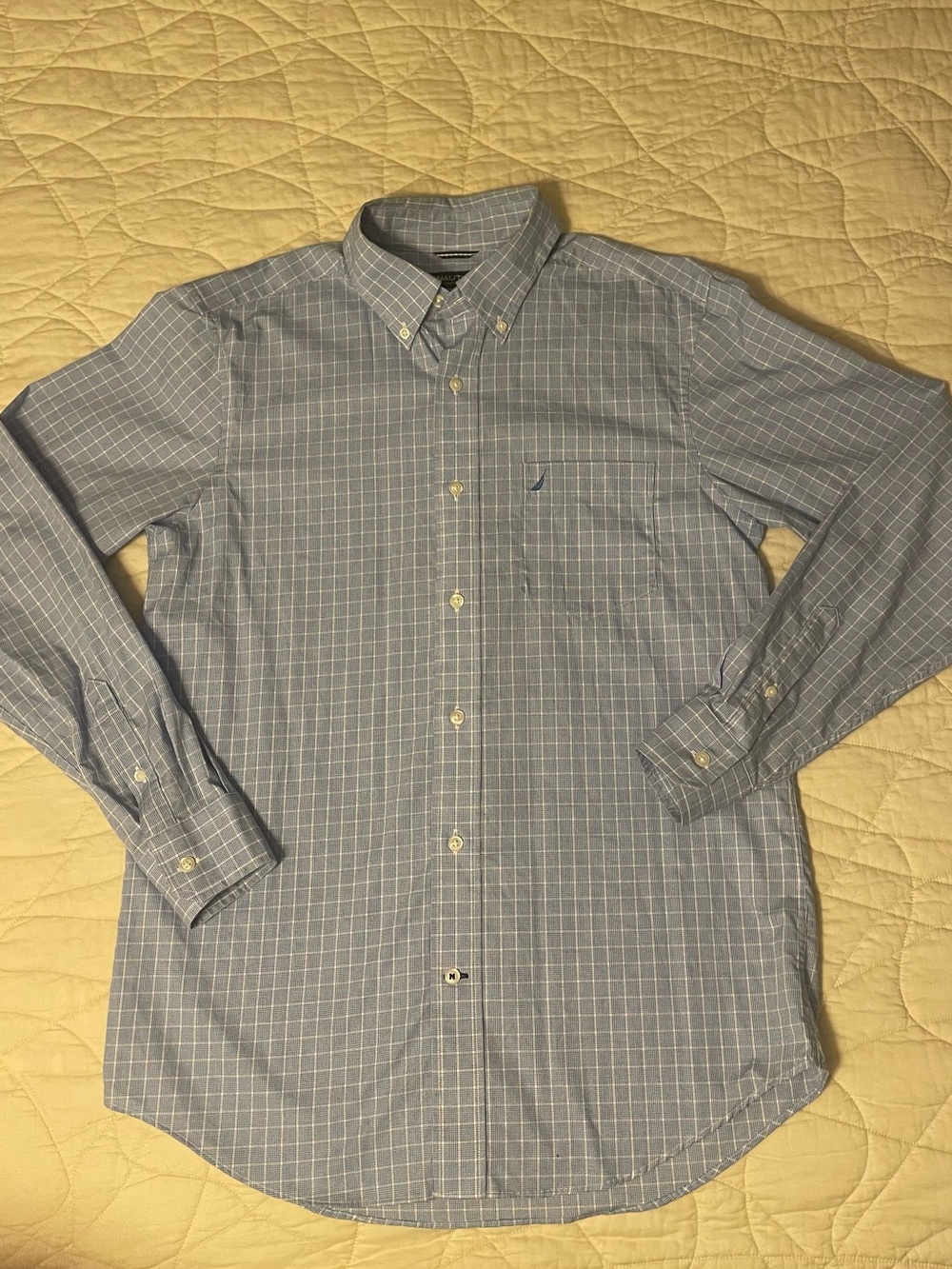 Nautica Light Blue White Windowpane Long-Sleeve Button-Down Shirt